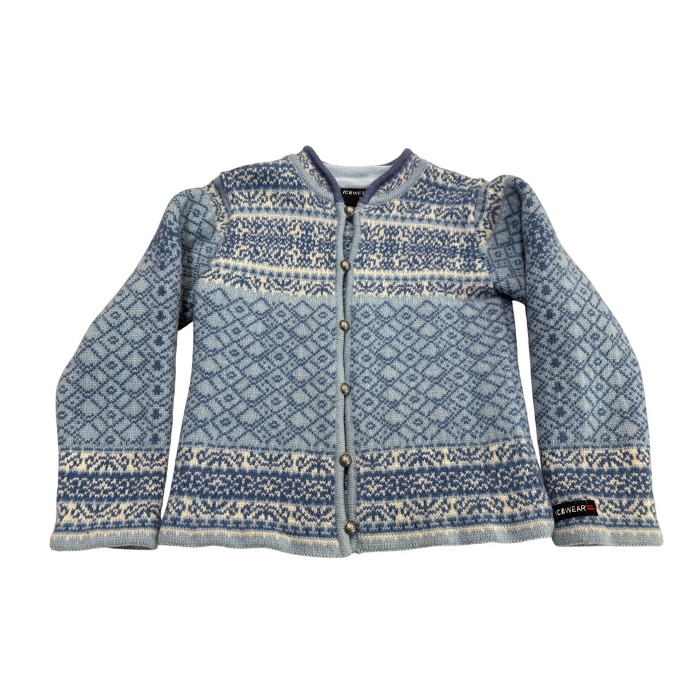Icewear Icelandic Wool Cardigan Sweater Blue Fair Isle Nordic Pewter Button S